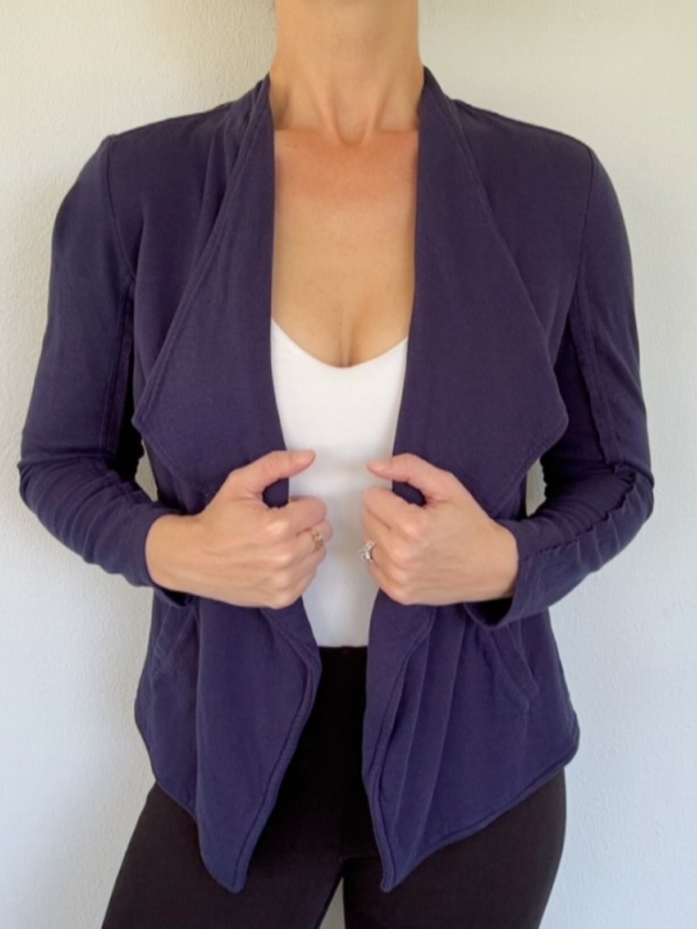 Caslon navy blue cotton draped waterfall open front cardigan sweater size SP
